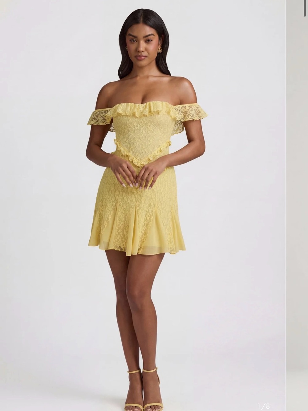 Oh Polly Nahida Off-Shoulder Lace A-Line Mini Dress in Pastel Yellow